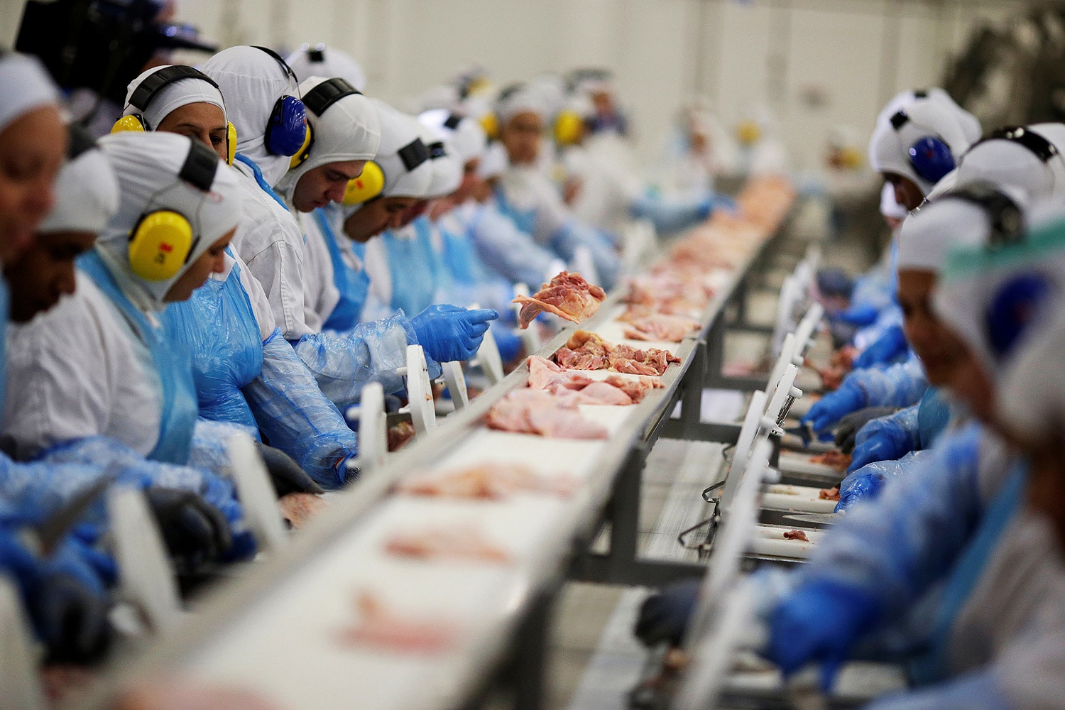 Employees are seen during a technical visit of Brazil's Agriculture Minister Blairo Maggi at the Brazilian meatpacker JBS SA in the city of Lapa, Parana state, Brazil, March 21, 2017. REUTERS/Ueslei Marcelino