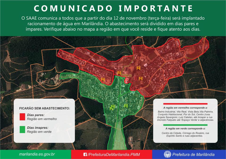 Prefeitura de Marilândia anuncia racionamento de água a partir desta terça-feira