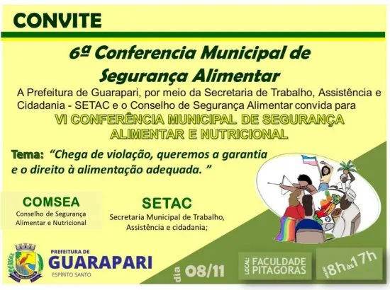 6ª Conferência de Segurança Alimentar e Nutricional acontece na próxima sexta (08) em Guarapari