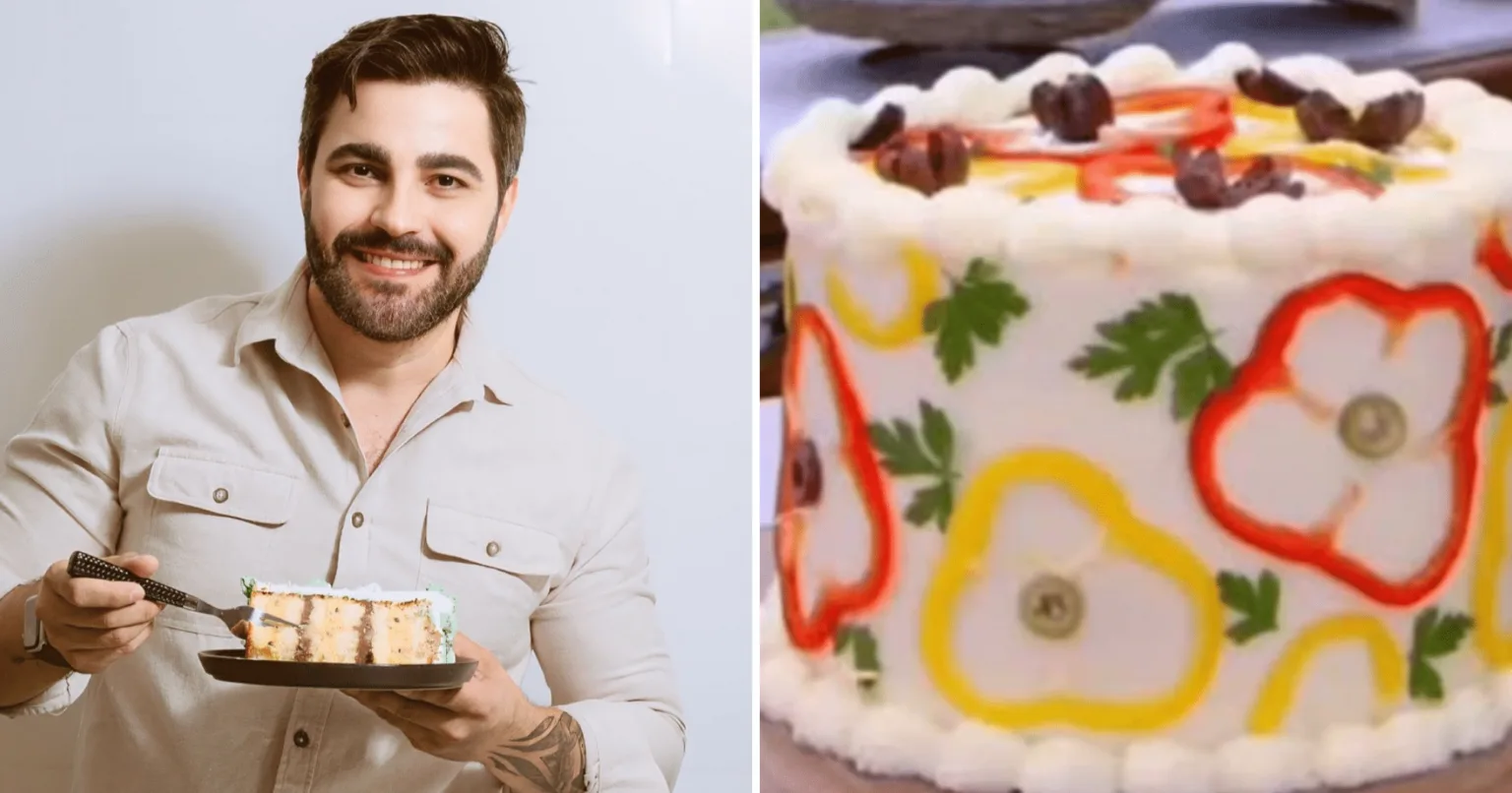 Confeiteiro do ES faz bolo de moqueca capixaba em reality do SBT (Foto: Pedro Piol/SBT/Reprodução) Confeiteiro do ES faz bolo de moqueca capixaba em reality do SBT (Foto: Pedro Piol/SBT/Reprodução)