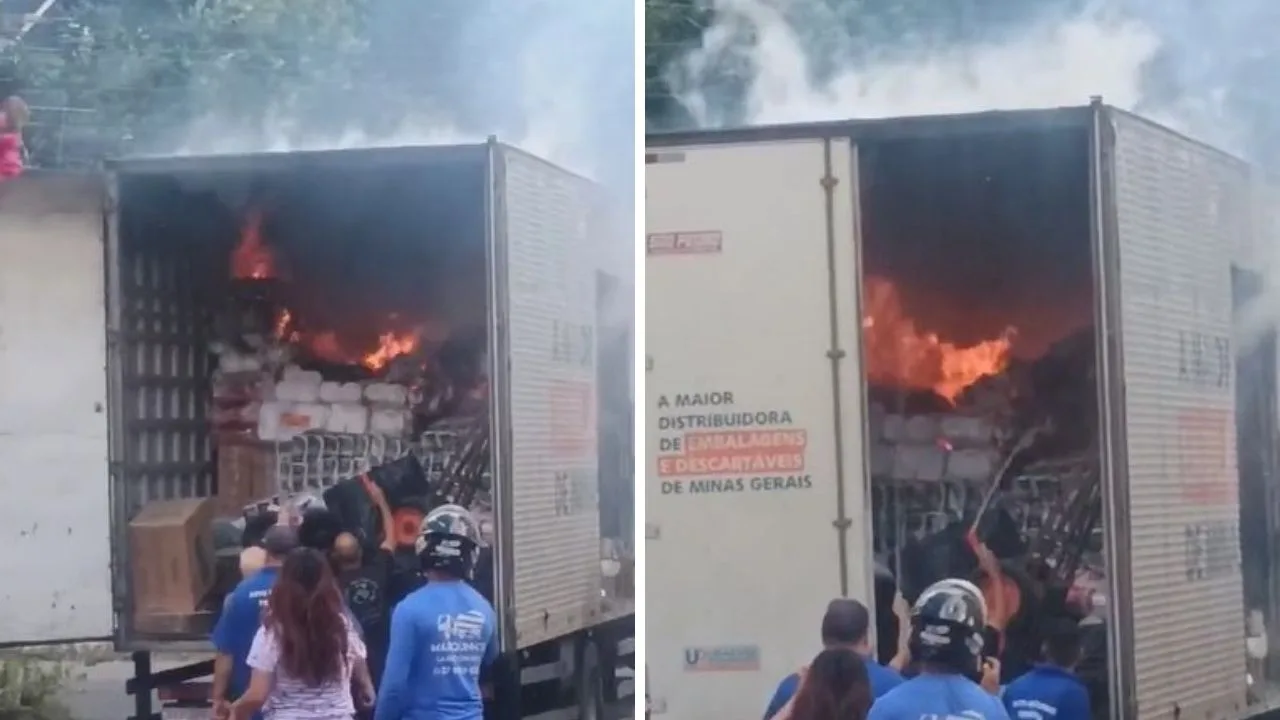 VÍDEO | Caminhão pega fogo após atingir fios de telefonia em Cariacica