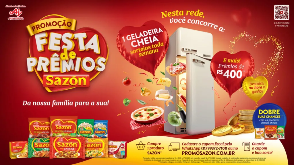 Promoção Festa de Prêmios SAZÓN® sorteia geladeira cheia de compras e vales-brindes toda semana Promoção Festa de Prêmios SAZÓN® sorteia geladeira cheia de compras e vales-brindes toda semana