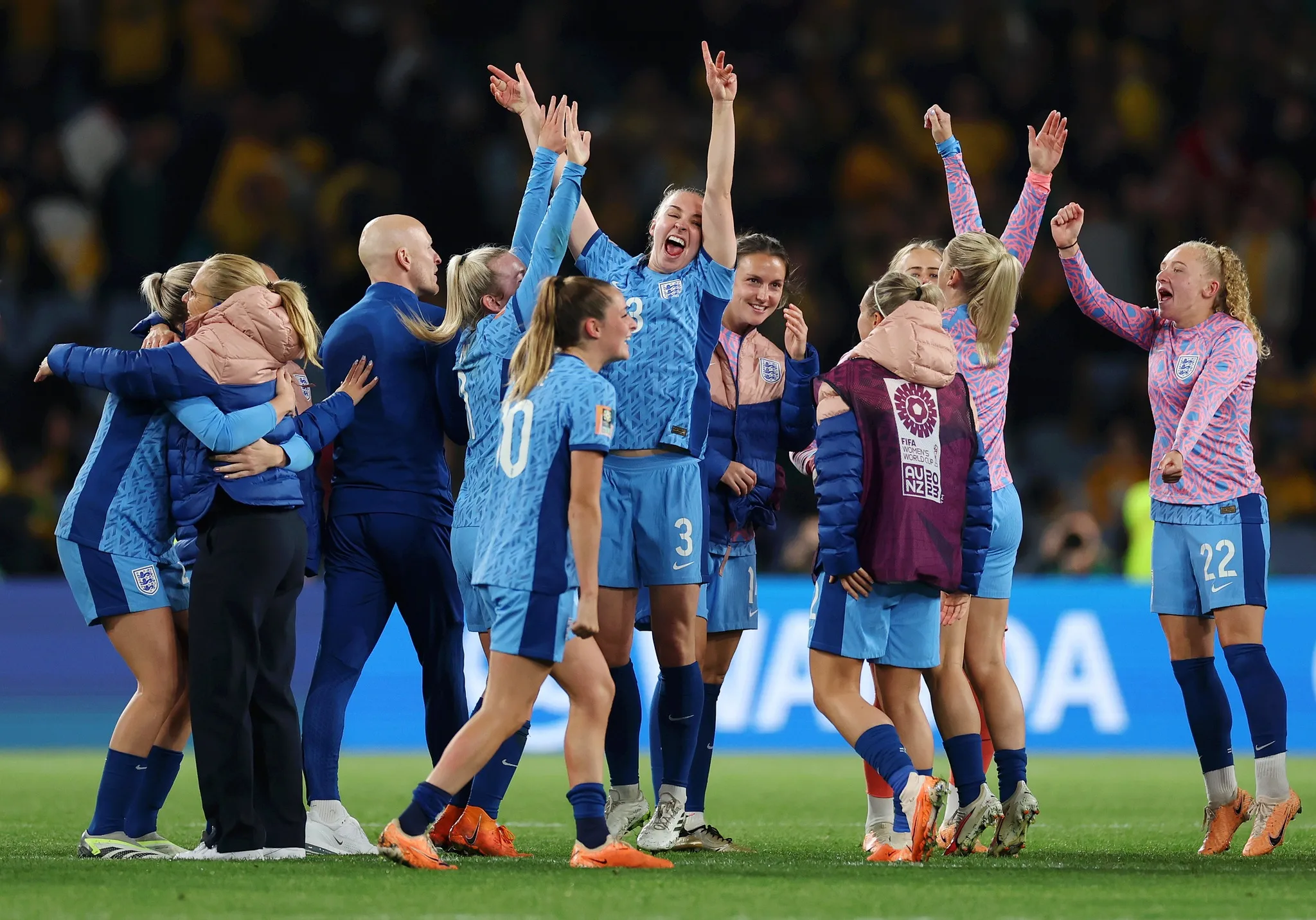 SYDNEY, AUSTRALIA – AUGUST 16: England players celebrate after the team’s 3-1 victory and advance to the final following the FIFA Women’s World Cup Australia & New Zealand 2023 Semi Final match between Australia and England at Stadium Australia on August 16, 2023 in Sydney, Australia. (Photo by Cameron Spencer/Getty Images)