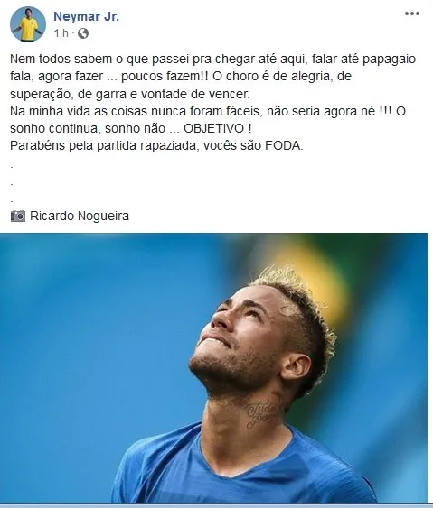 Tweet de Neymar sobre choro durante Copa do Mundo é o mais curtido do ano entre brasileiros