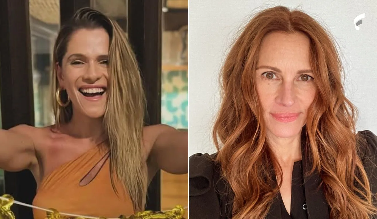 À esquerda, Ingrid Guimarães, loira, branca e usa um vestido laranja; à direita, Julia Roberts, cabelo ruivo, branca e usa uma blusa preta