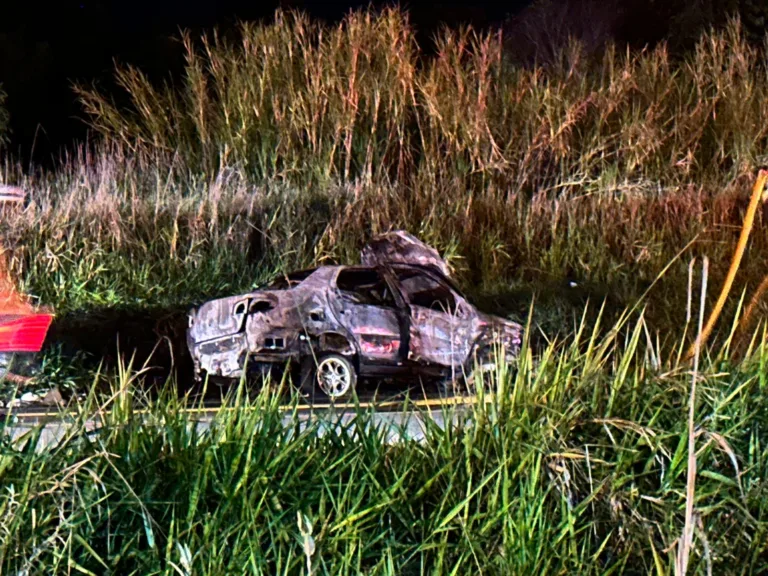 Carro pega fogo após colisão na BR-101, em São Mateus