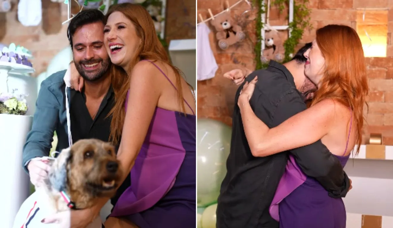 Dani Calabresa e o marido. Ela é ruiva, cabelos longos, e usa um vestido de alças roxo. Ele tem barba e cabelo castanhos-escuros. Nas fotos, os dois aparecem se abraçando e sorrido.