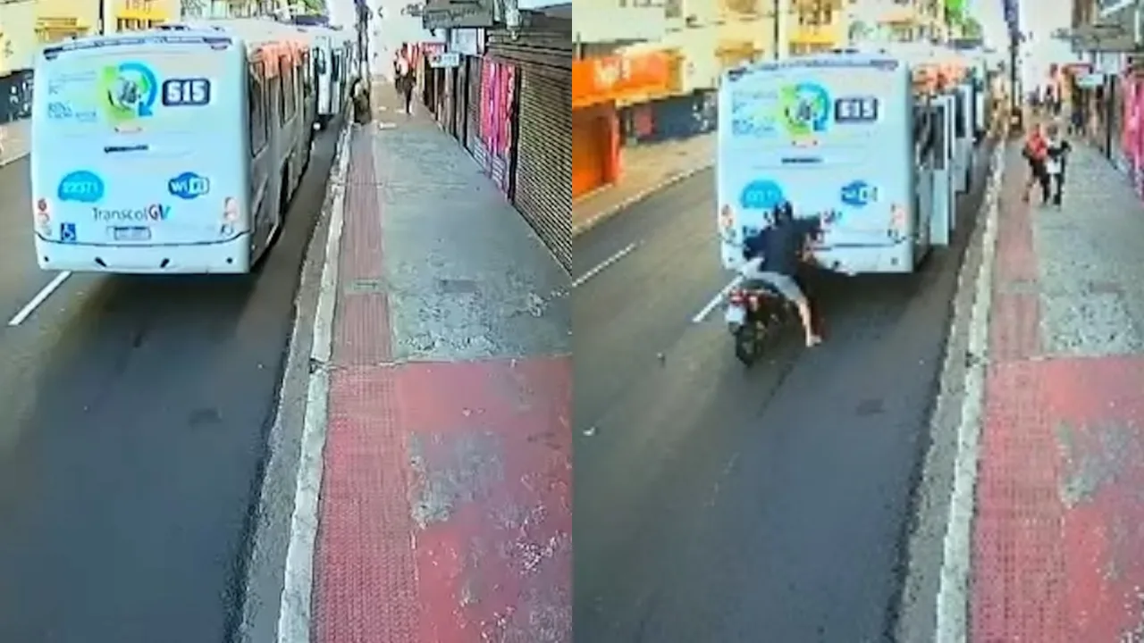 Que batida é essa? Vídeo de colisão entre moto e ônibus viraliza