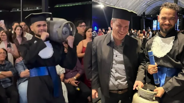 Estudante carrega botija de gás em formatura para homenagear o pai; veja vídeo