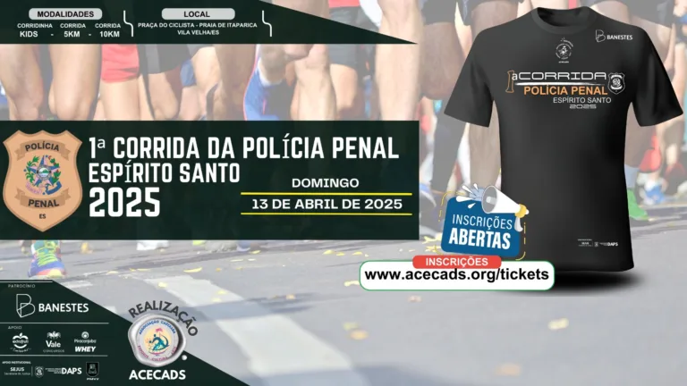 Cartaz mostra as informações de inscrição para a 1ª Corrida da Polícia Penal do ES