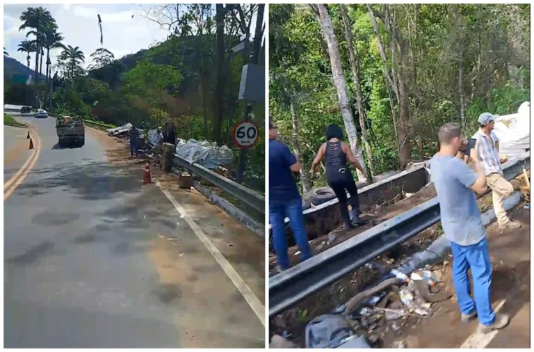 Idosa morre após carreta com óleo cair em ribanceira na BR-262, em Domingos Martins