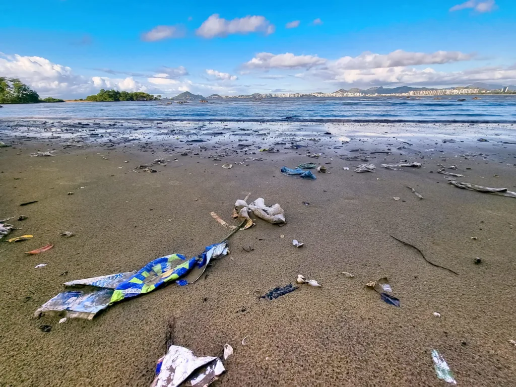 Lixo plástico e outros resíduos encontrados nas praias de Vitória, incluindo sacolas, garrafas e tampinhas