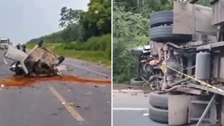 Mulher morre e marido e filho ficam feridos em acidente com caminhão na BR-101