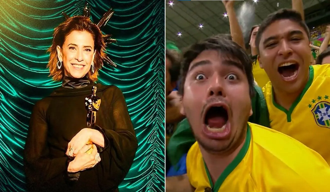 Memes nas redes sociais com Fernanda Torres segurando o Oscar e torcedores com camisa do Brasil comemorando