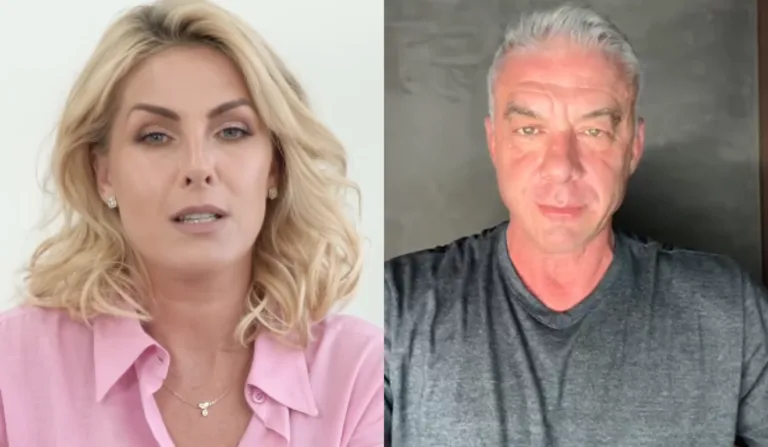 Do lado esquerdo da foto, Ana Hickmann, uma mulher loira com cabelo curto, pele clara e que usa uma blusa rosa; do lado direito, Alexandre, ex-de Ana, um homem branco, de cabelo grisalho e usando uma blusa cinza