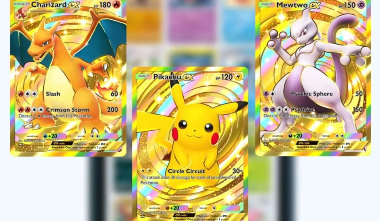 Pokémon TCG Pocket cartas Pikachu, Charizard e Mewtwo