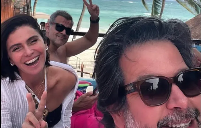 Murilo Benício faz brincadeira ao curtir praia com Giovanna Antonelli: De férias com o ex