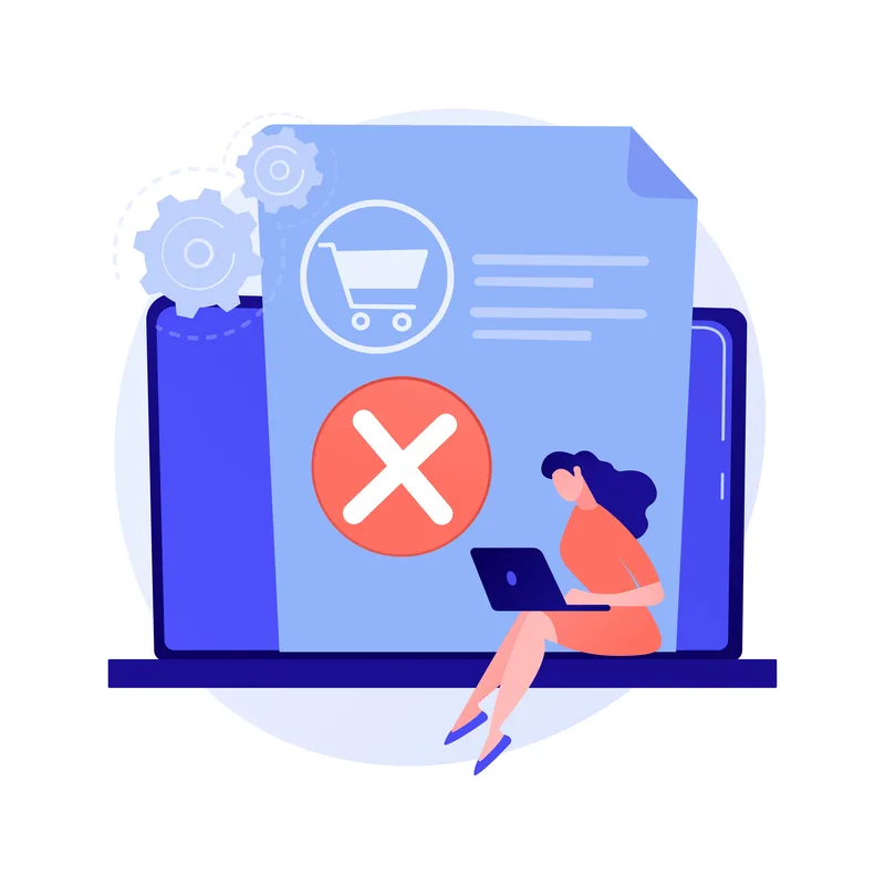 Removing goods from basket, refusing to purchase, changing decision. Item deletion, emptying trash. Online shopping app, laptop user cartoon character. Vector isolated concept metaphor illustration.