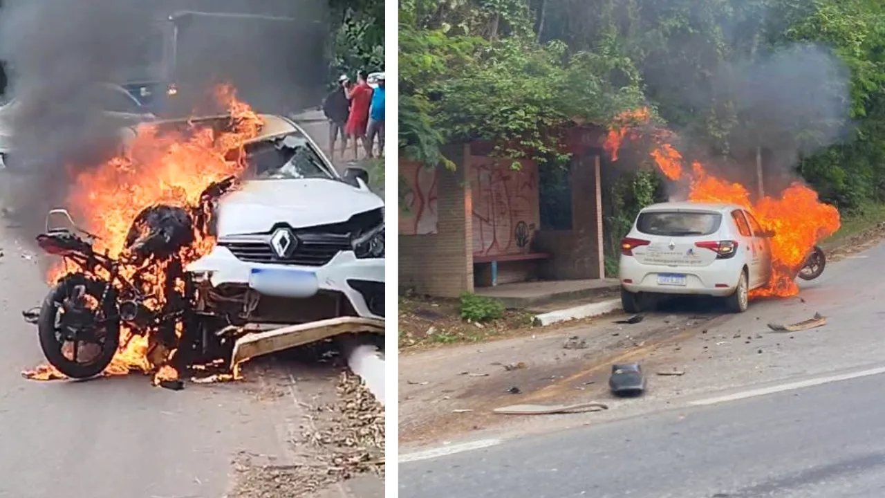 Carro bate em moto e veículos pegam fogo em Domingos Martins