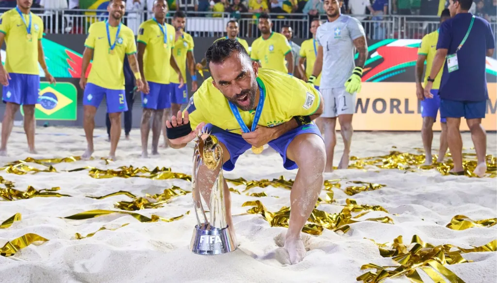 DUBAI, UNITED ARAB EMIRATES - FEBRUARY 25: Bruno Xavier of Brazil celebrates after winning the FIFA 25/02/2024. Beach Soccer World Cup UAE 2024 during the FIFA Beach Soccer World Cup