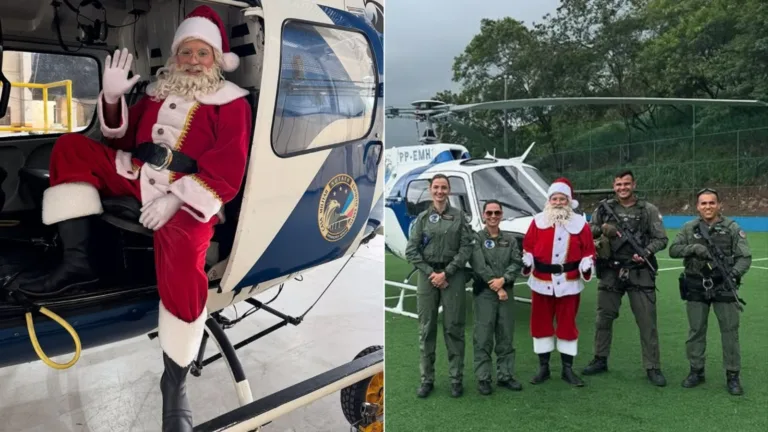 Papai Noel chega de helicóptero e distribui presentes em Vitória