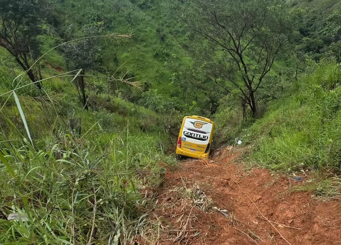 Ônibus com 26 passageiros cai em ribanceira e motorista morre em MG