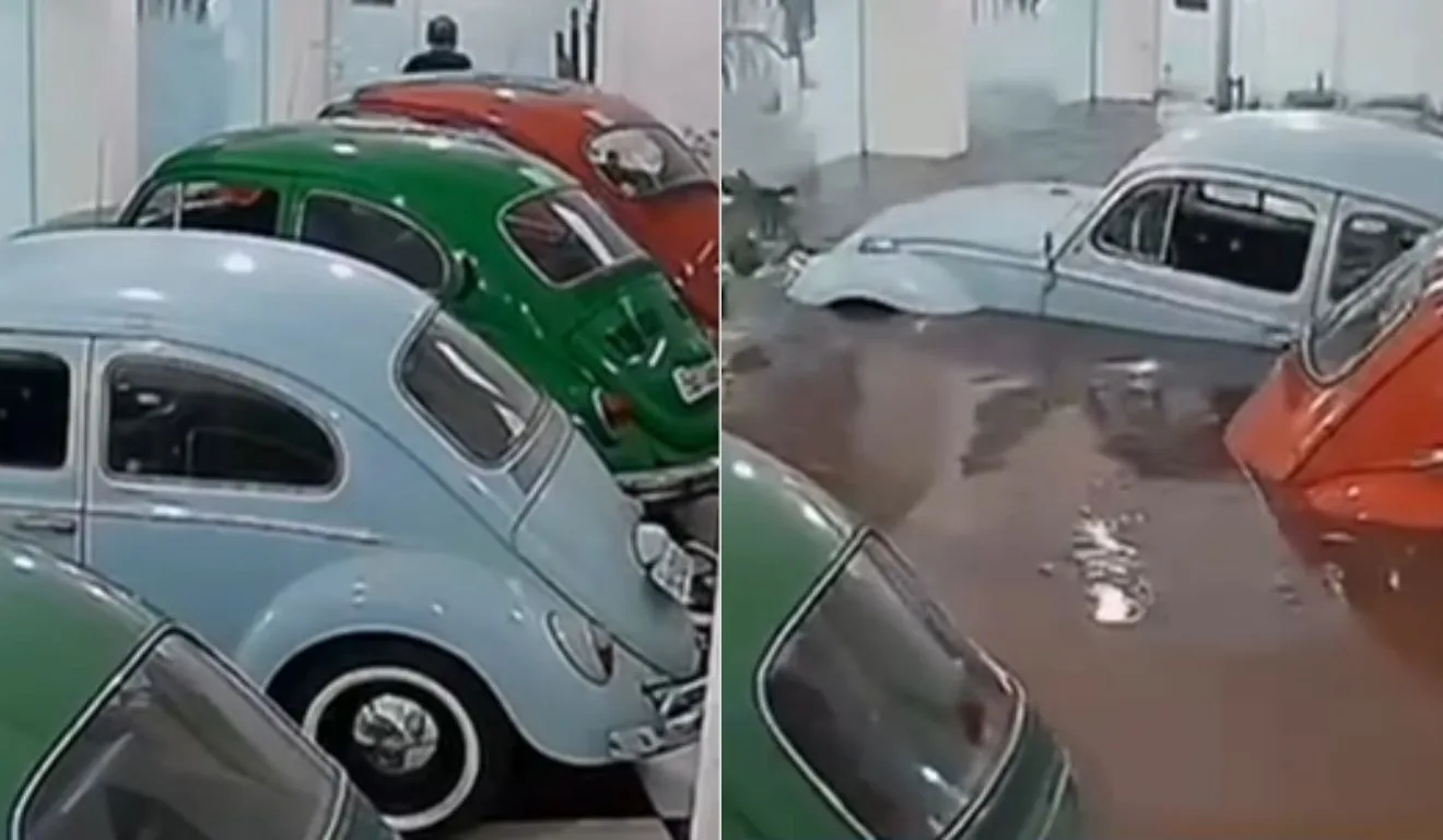 Loja de fuscas ficou inundada em apenas 10 minutos e carros foram arrastados. Foto: Reprodução/ Balanço Geral