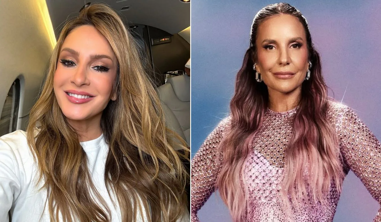 À esquerda, Claudia Leitte. Ela está usando uma blusa branca, com o cabelo solto e sorri para a foto. À direita, Ivete Sangalo. Ela está com o cabelo meio preso e veste uma body rosa de brilhantes.