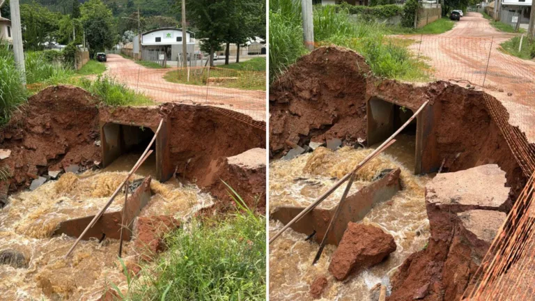 VÍDEO | Rua cede e é interditada em Venda Nova do Imigrante após chuvas