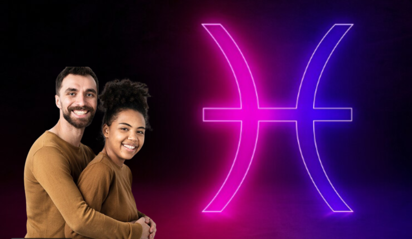 Casal se abraçando, com o símbolo do signo de Gêmeos ao lado.