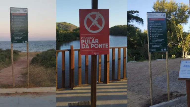 Proibido pular da ponte: placas alertam para regras do Parque Jacarenema