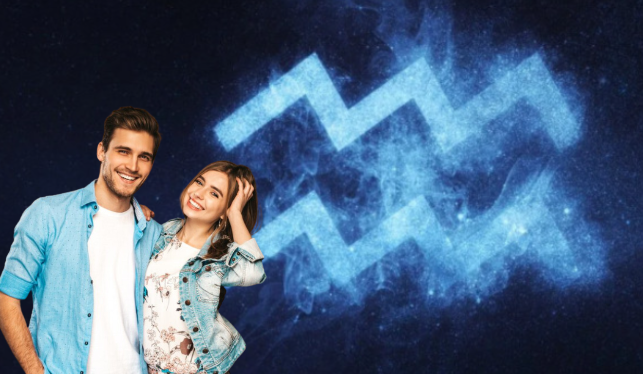 Casal se abraçando, ao lado deles o símbolo do signo de Aquário.