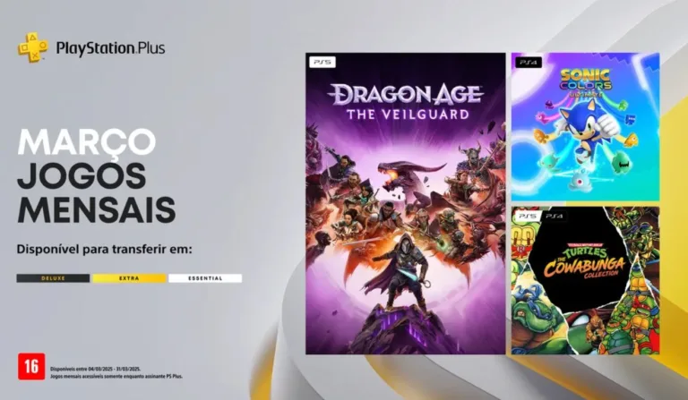 Confira os jogos mensais de março da PS Plus: Dragon Age: The Veilguard, Sonic Colors: Ultimate e TMNT: The Cowabunga Collection. Jogue gratuitamente de 4 a 31 de março!