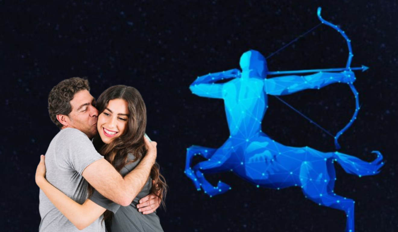 Casal se abraçando, ao lado o símbolo do signo de sagitário.