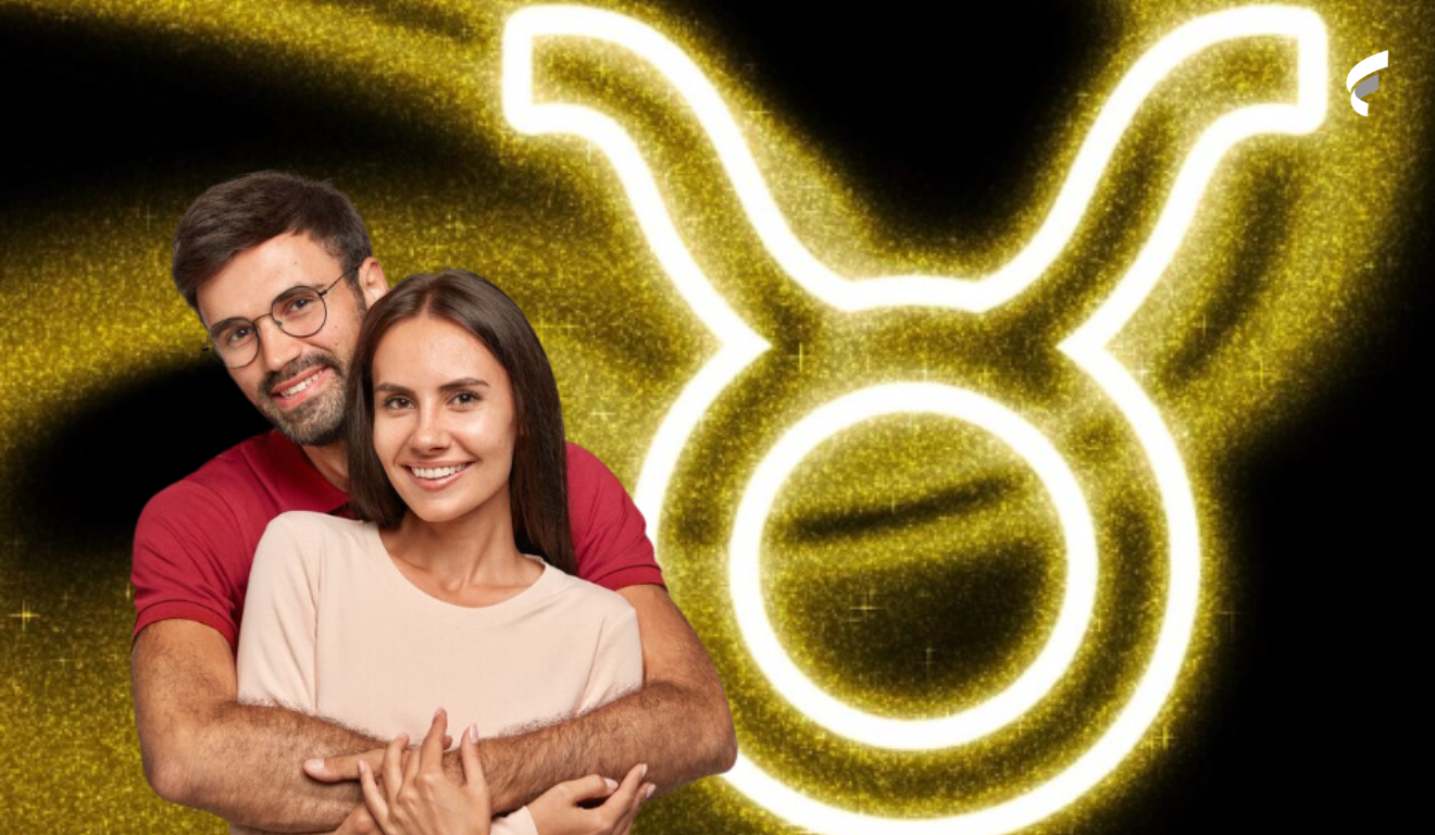 Casal se abraçando, de frente, ao lado deles o símbolo do signo de touro.