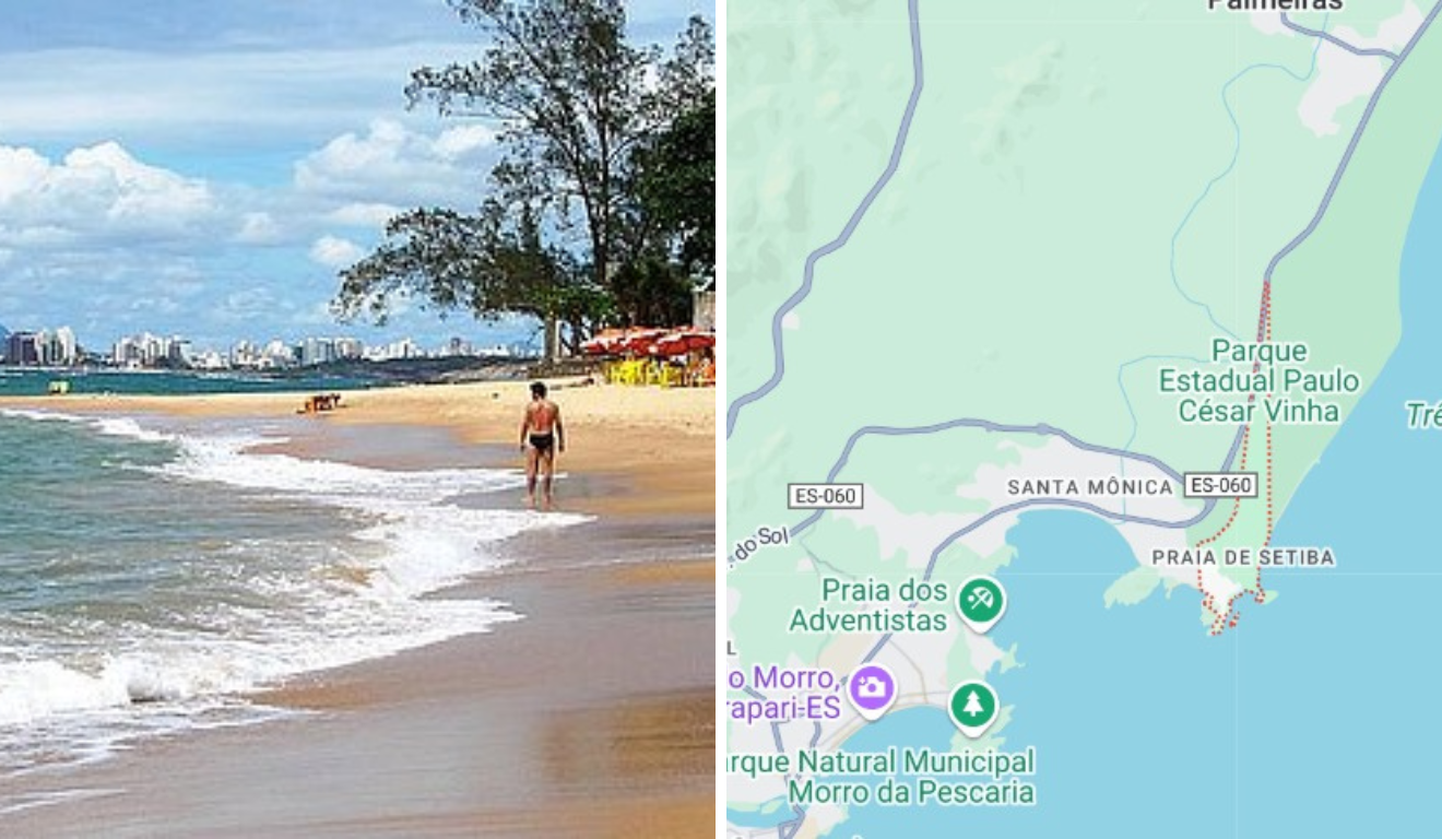 Montagem de foto, do lado esquerdo Praia de Setiba e do lado direito mapa da praia.