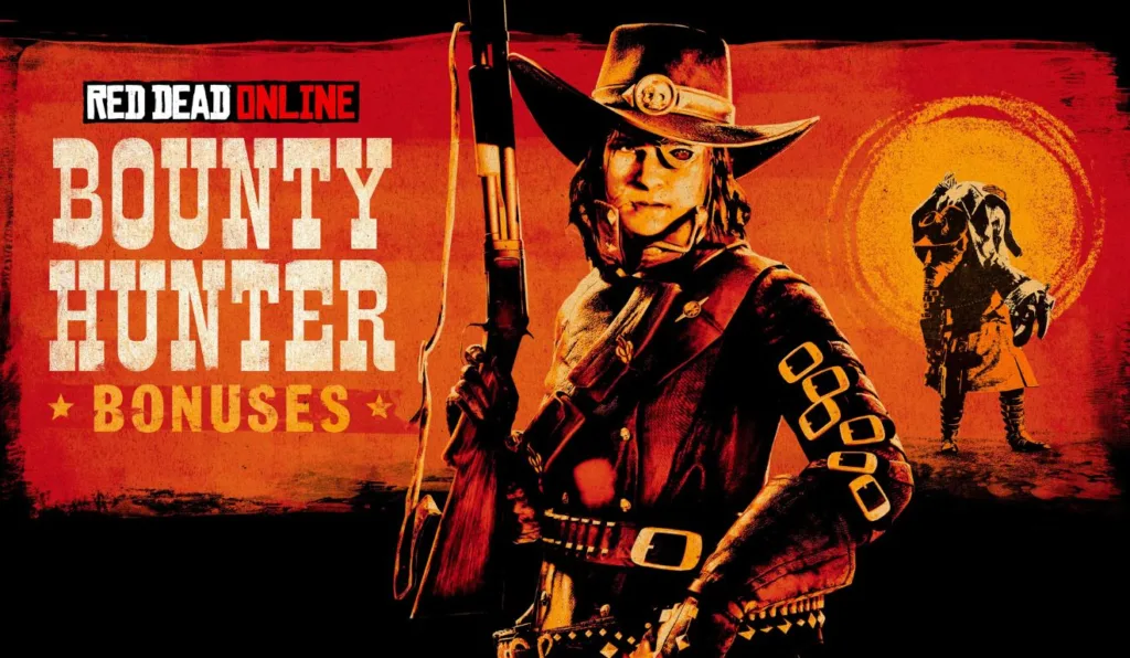 Imagem do jogo Red Dead Online com uma pistoleira segurando uma espingarda Imagem do jogo Red Dead Online com uma pistoleira segurando uma espingarda
