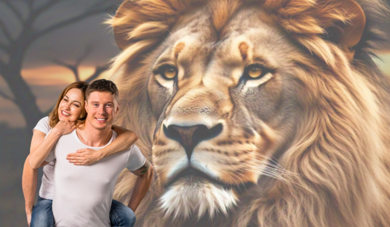 Casal se abraçando, ao fundo, uma imagem de um leão, representando o signo de leão.