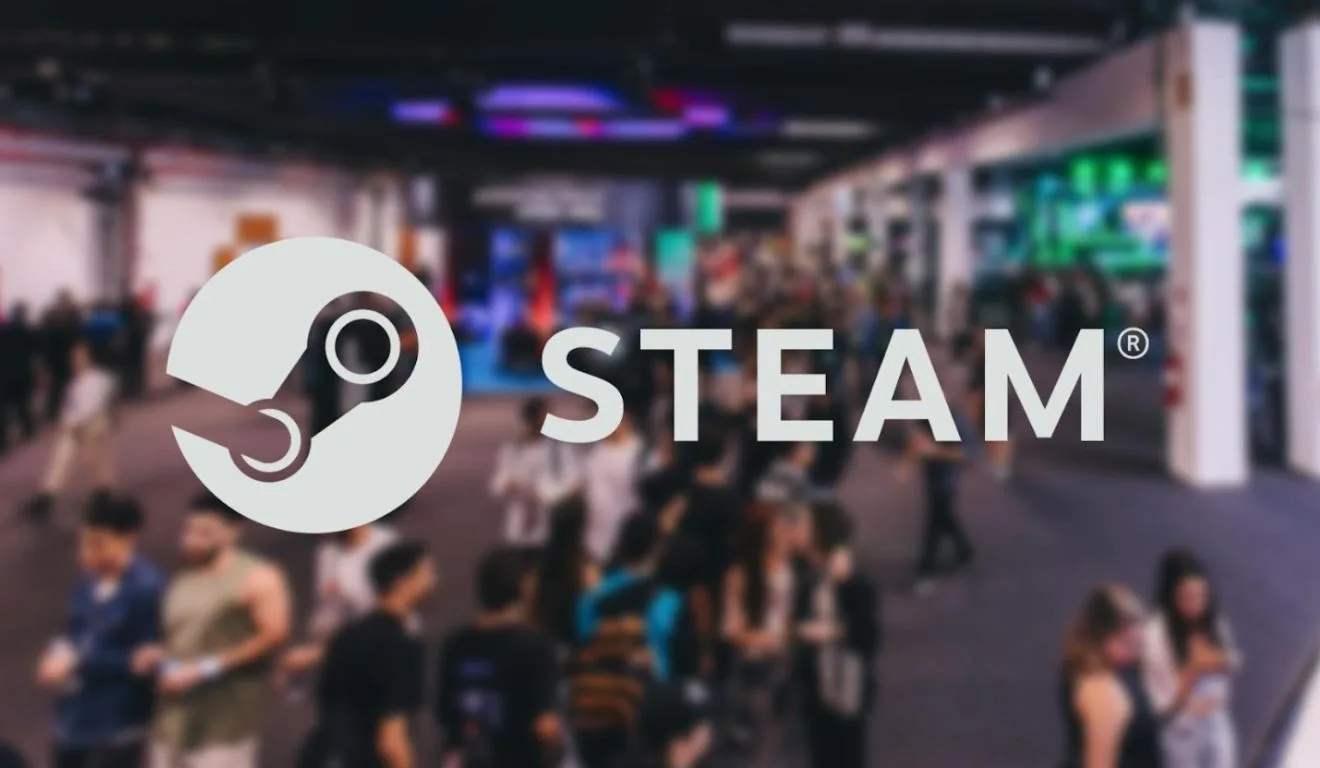 Logo do Steam a frente de foto desfocada da gamescom latam