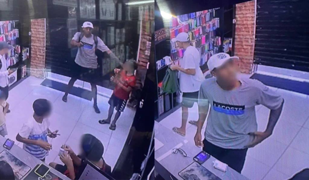 Câmeras de segurança flagraram os assaltantes rendendo vítimas, incluindo crianças. Foto: Reprodução/ TV Vitória Câmeras de segurança flagraram os assaltantes rendendo vítimas, incluindo crianças. Foto: Reprodução/ TV Vitória