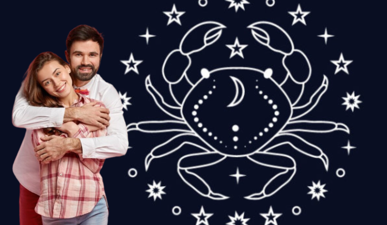 Casal se abraçando e ao lado o símbolo do signo de Câncer.