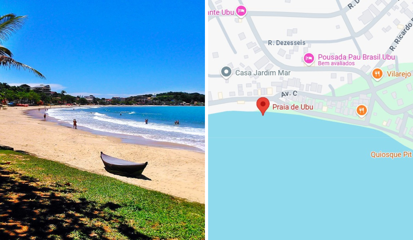 Montagem de imagens, do lado esquerdo a Praia de Ubu e do lado direito o mapa da praia.