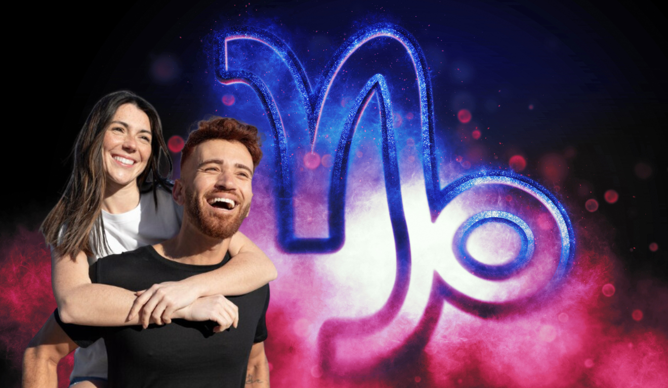 Mulher está nas costas de um homem, aparentemente eles são um casal. Ao lado o símbolo do signo de capricórnio.