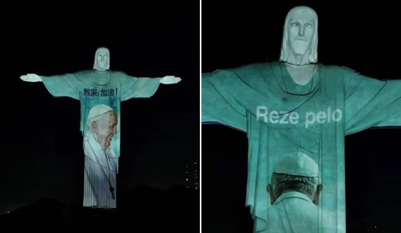 Projeção no cristo redentor pede orações para o papa Francisco