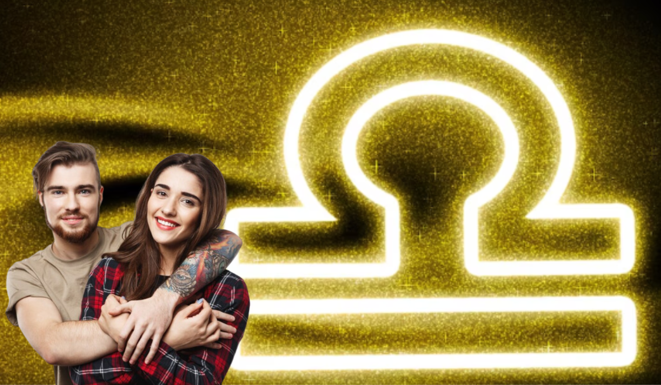 Casal se abraçando, ao lado deles, o símbolo do signo de libra.