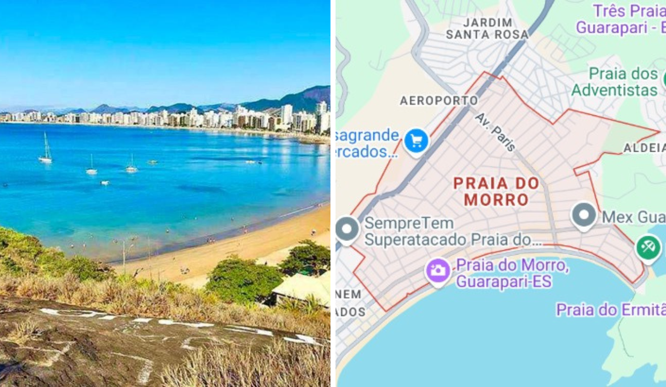 Montagem com duas imagens: à esquerda, vista panorâmica da Praia do Morro em Guarapari, Espírito Santo, com mar azul, barcos e prédios ao fundo; à direita, mapa destacando a localização do bairro Praia do Morro e áreas vizinhas.