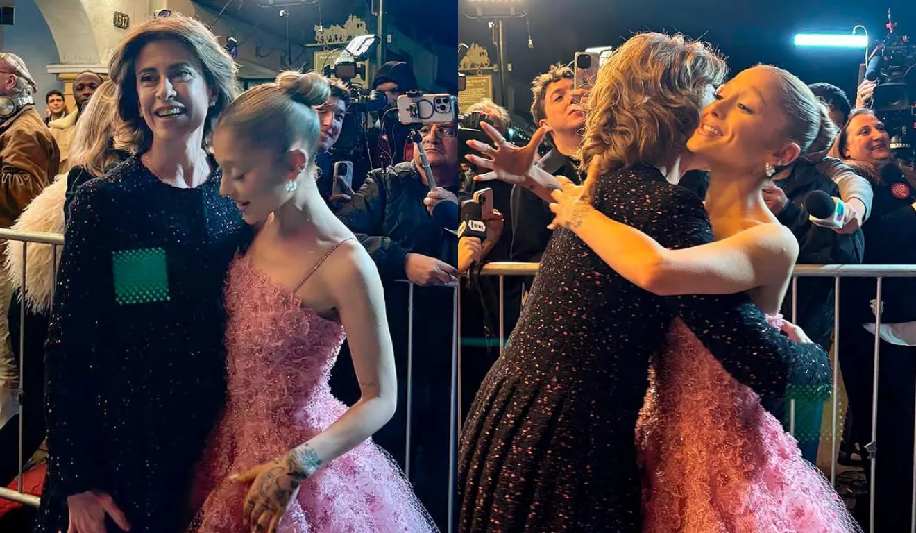 Fernanda Torres e Ariana Grande se abraçam nas fotos. Fernanda está ao lado esquerdo nas fotos, usando uma túnica preta; Ariana usa um vestido rosa com flores aplicadas.