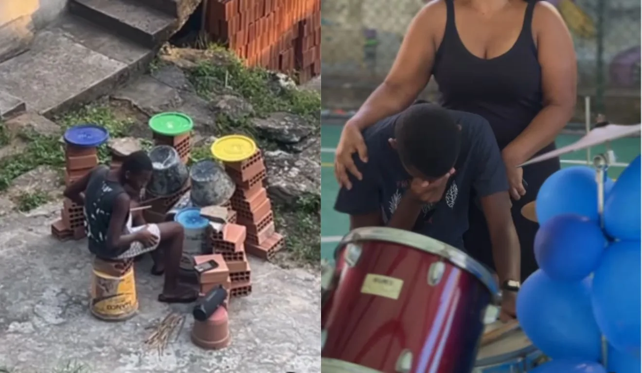 Ronaldo, de 15 anos, tocava bateria improvisada no quintal de casa, no Rio de Janeiro. Foto: Reprodução/ @policiamilitar_rj