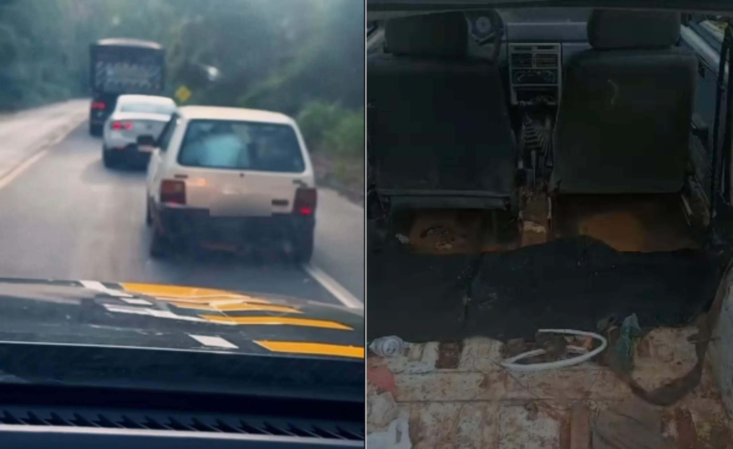 Carro sem banco e com oito passageiros foi flagrado na BR-262, em Marechal Floriano. (Foto: Reprodução/ PRF)