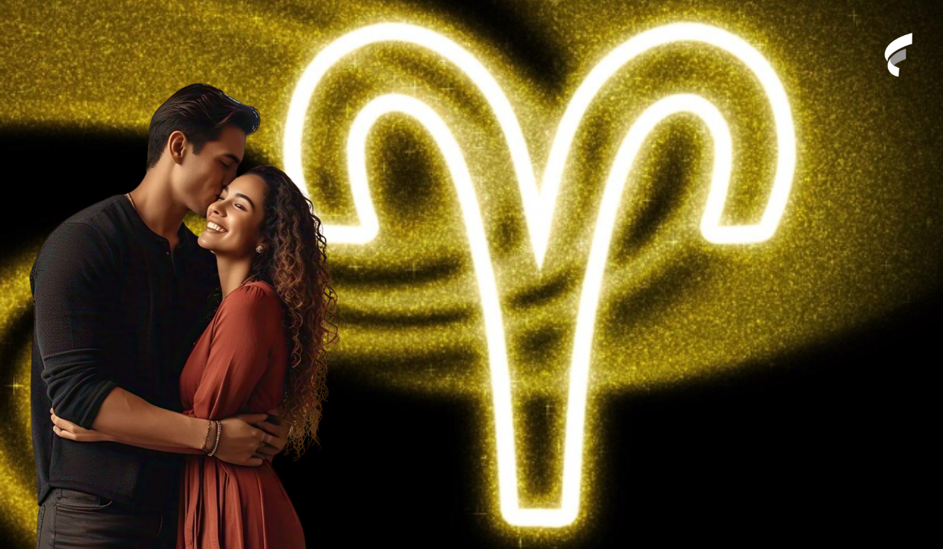 Casal se abraçado, ao lado deles o símbolo do signo de áries.